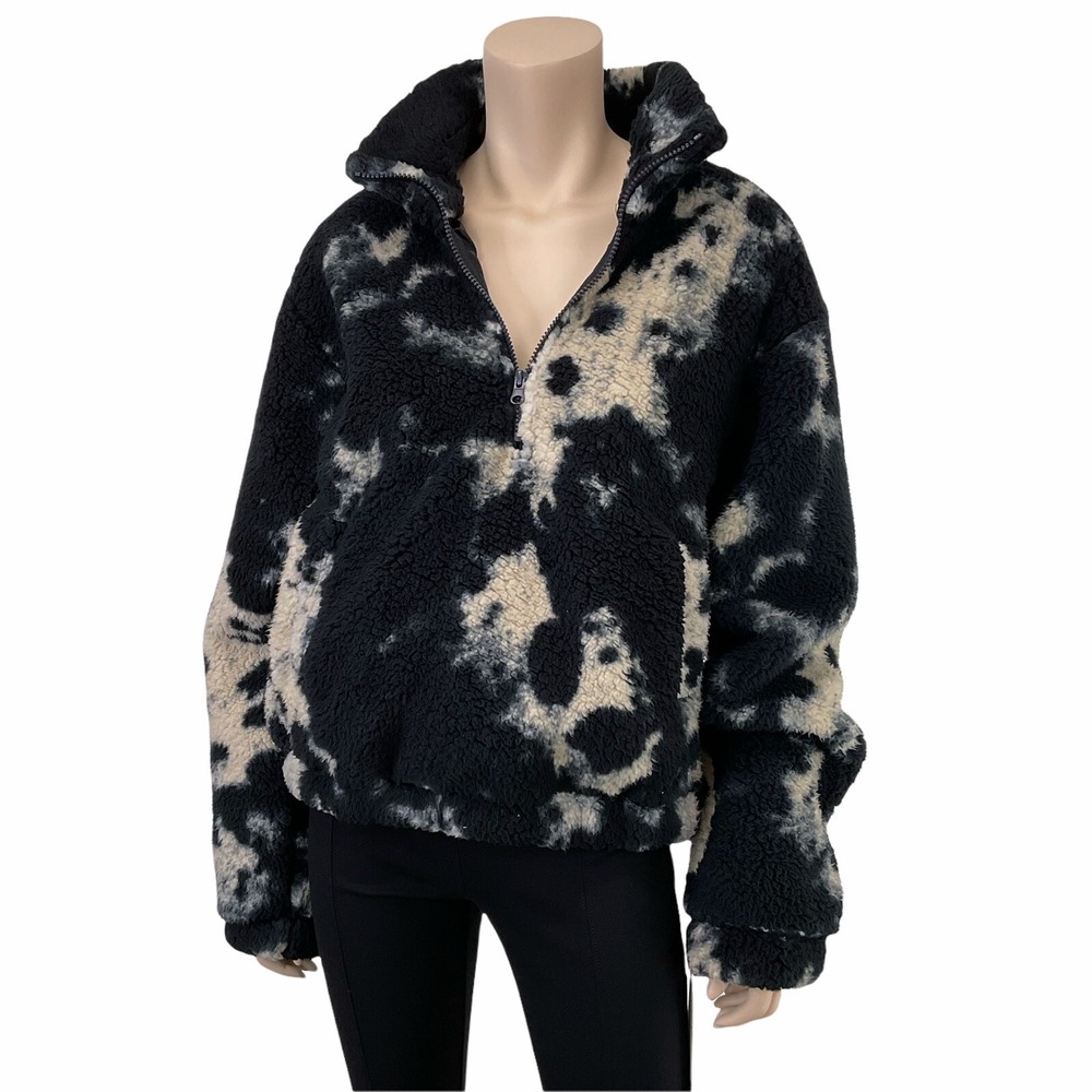 Sage Sweater Women Large Black Tie Dye Teddy Furry Partial Zip Popover NWOT